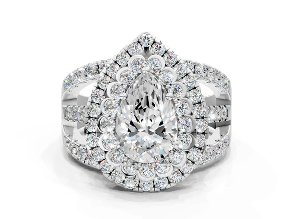 White gold Double Halo Pear Cut Diamond Split Shank Pave Set Ring
