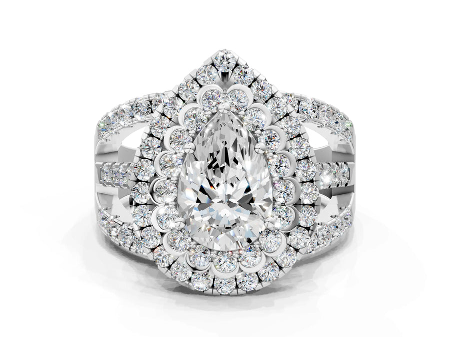 White gold Double Halo Pear Cut Diamond Split Shank Pave Set Ring