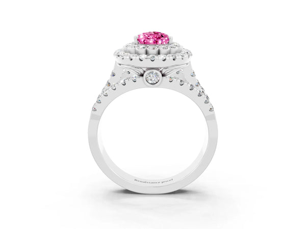 Platinum Double Halo Pear Cut Diamond Split Shank Pave Set Ring