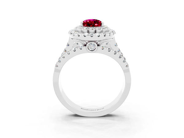 Platinum Pear Cut Garnet Double Halo Ring with Round Pavé Split Shank and Prong Setting