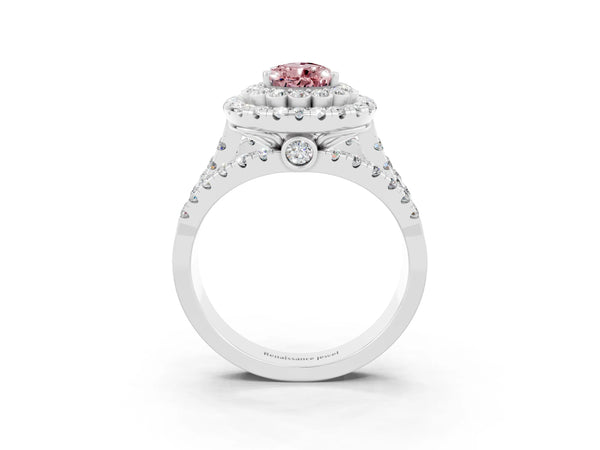 White gold Double Halo Pear Cut Diamond Split Shank Pave Set Ring
