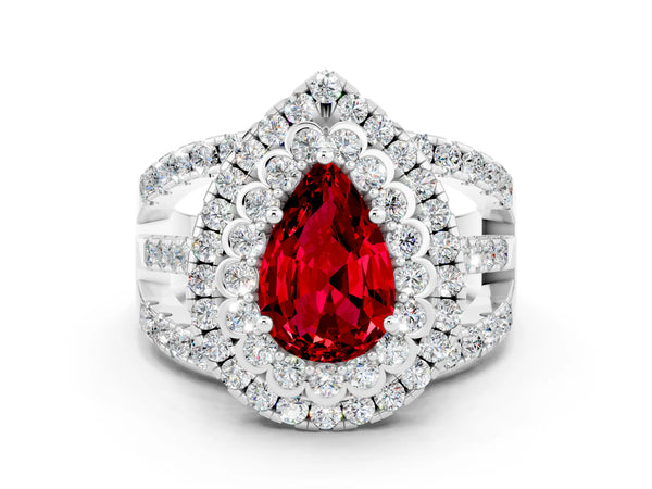 Platinum Double Halo Pear Cut Diamond Split Shank Pave Set Ring