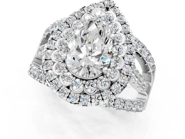 White gold Double Halo Pear Cut Diamond Split Shank Pave Set Ring