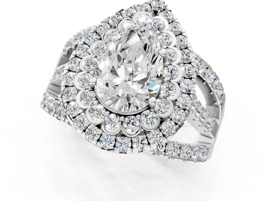 White gold Double Halo Pear Cut Diamond Split Shank Pave Set Ring