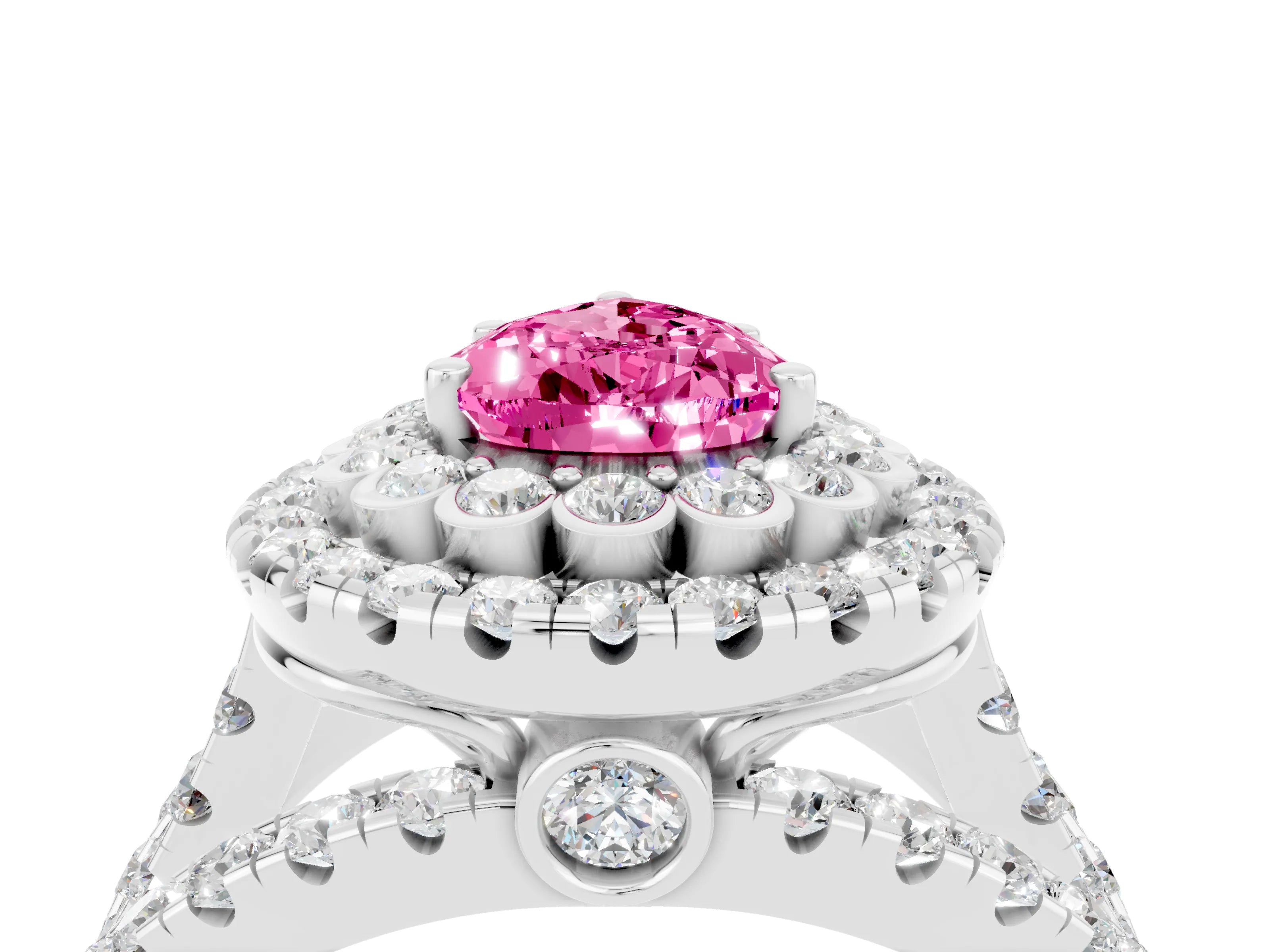 White gold Double Halo Pear Cut Diamond Split Shank Pave Set Ring_4