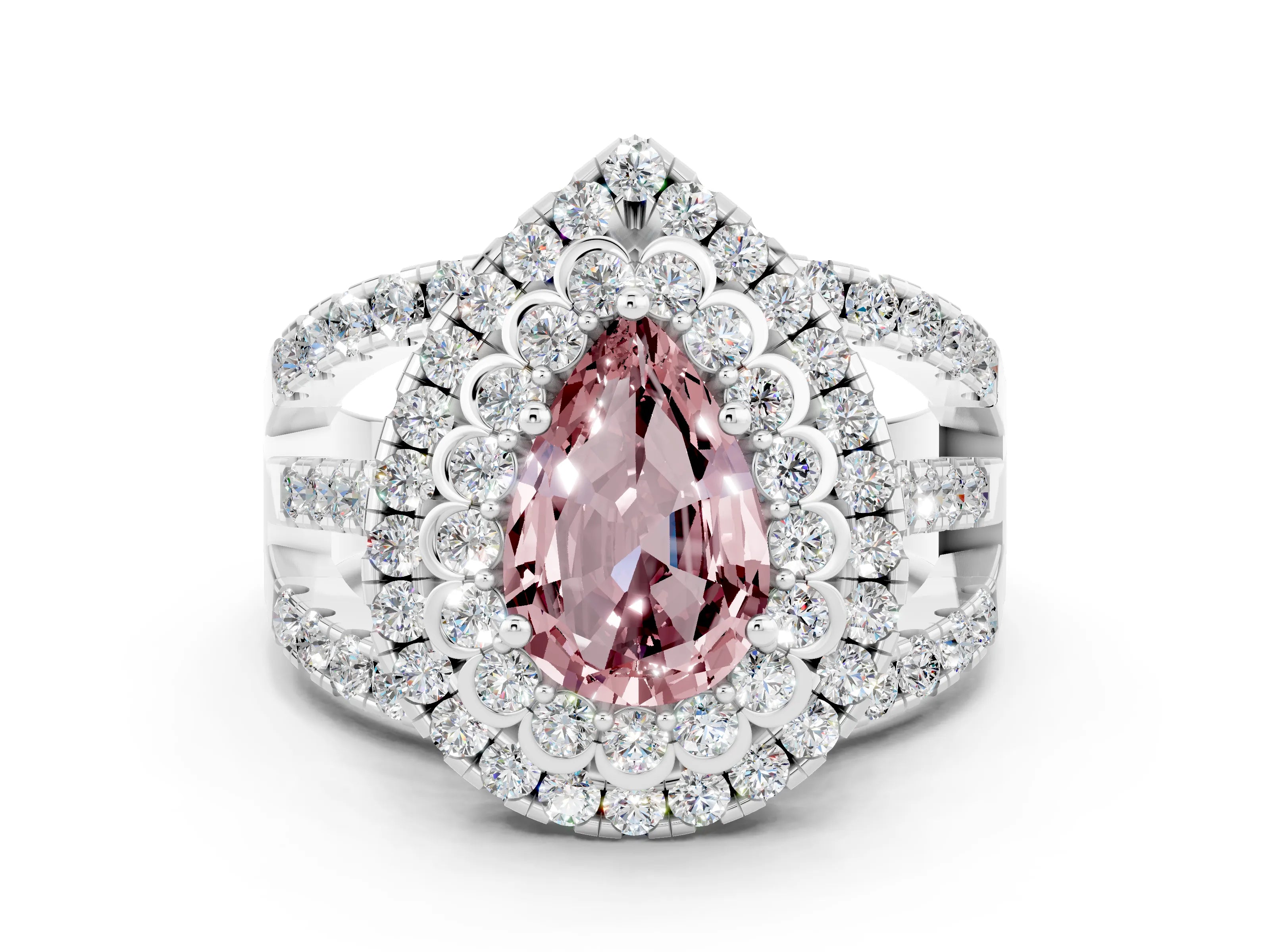 White gold Double Halo Pear Cut Diamond Split Shank Pave Set Ring