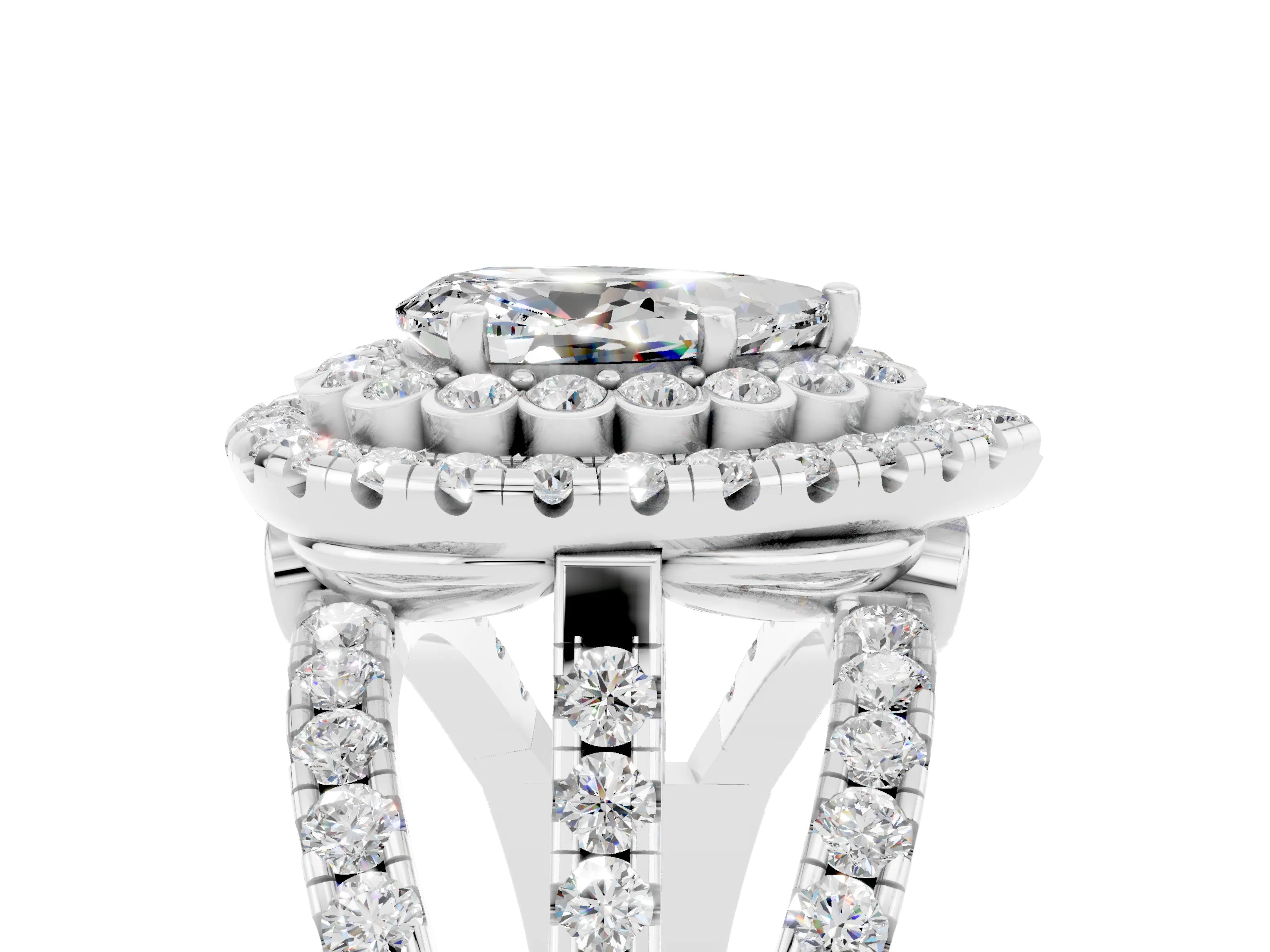 White gold Double Halo Pear Cut Diamond Split Shank Pave Set Ring_5