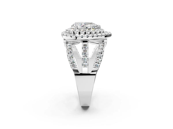 White gold Double Halo Pear Cut Diamond Split Shank Pave Set Ring