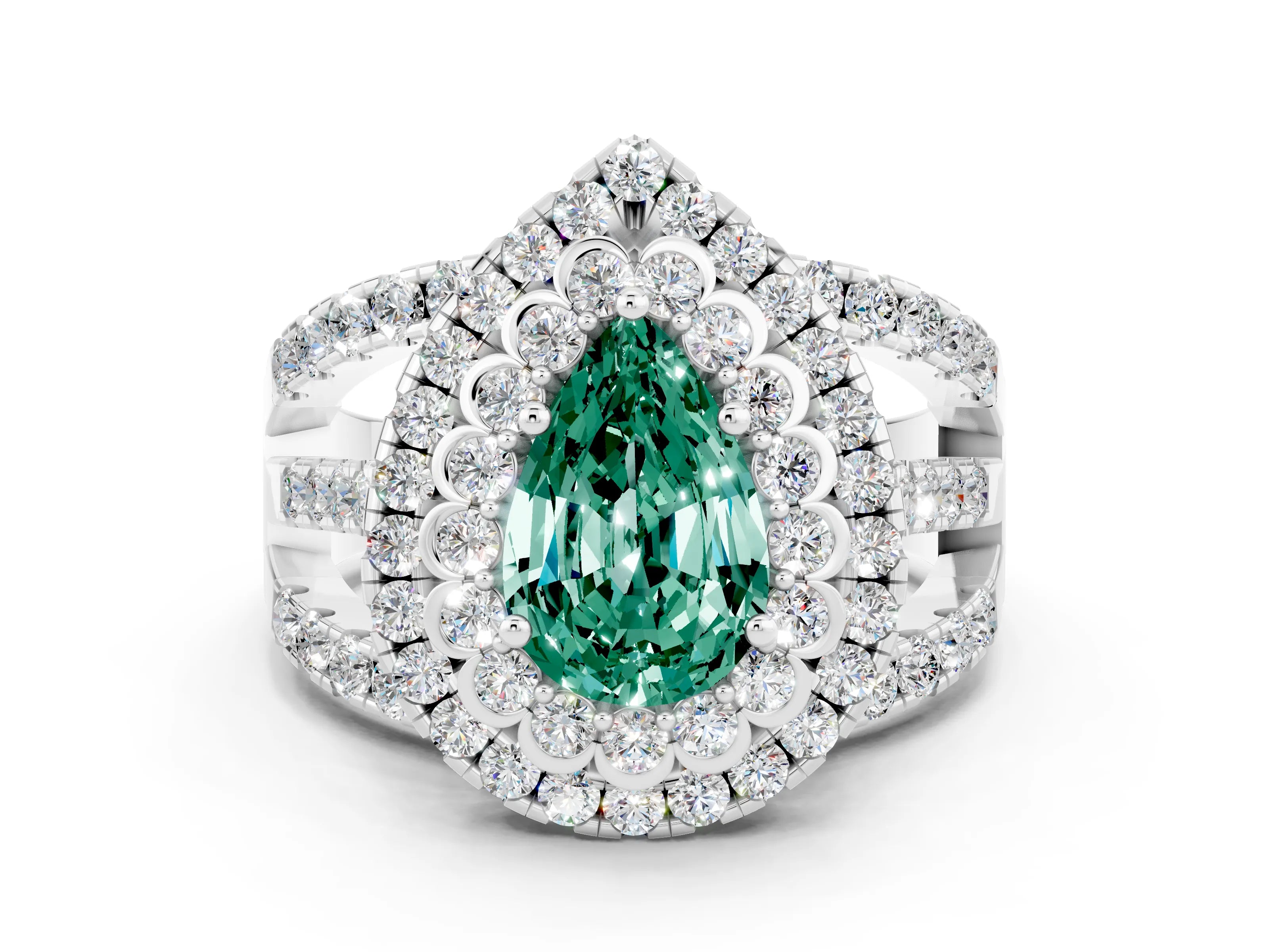 White gold Double Halo Pear Cut Diamond Split Shank Pave Set Ring