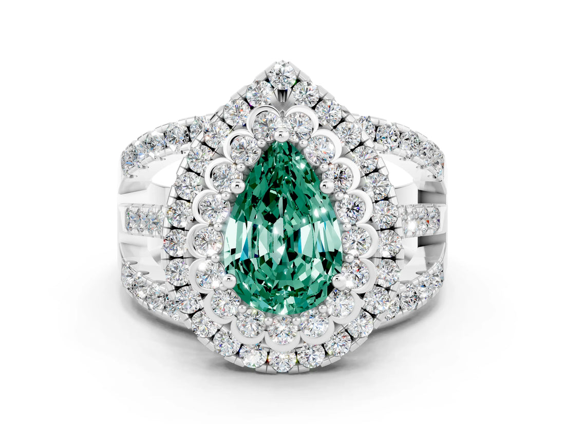 White gold Double Halo Pear Cut Diamond Split Shank Pave Set Ring