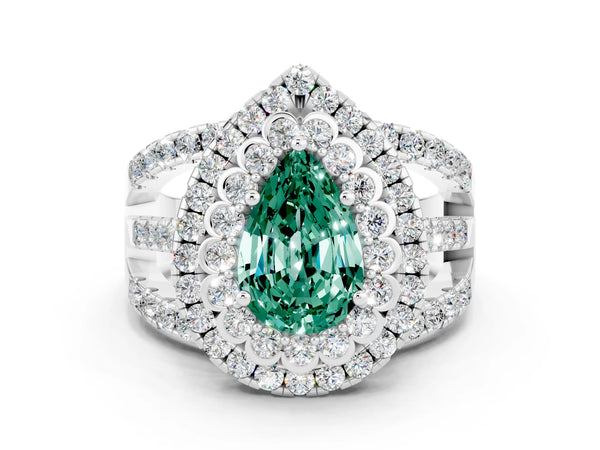 Platinum Pear Cut Green Sapphire Double Halo Ring with Round Pavé Split Shank and Prong Setting