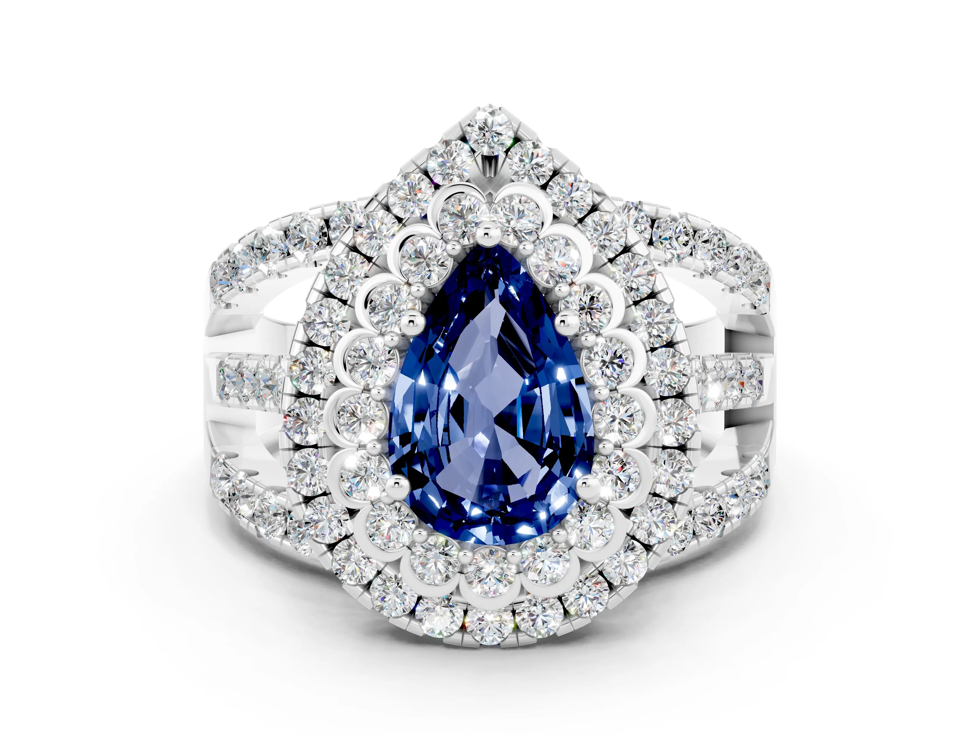 White gold Double Halo Pear Cut Diamond Split Shank Pave Set Ring
