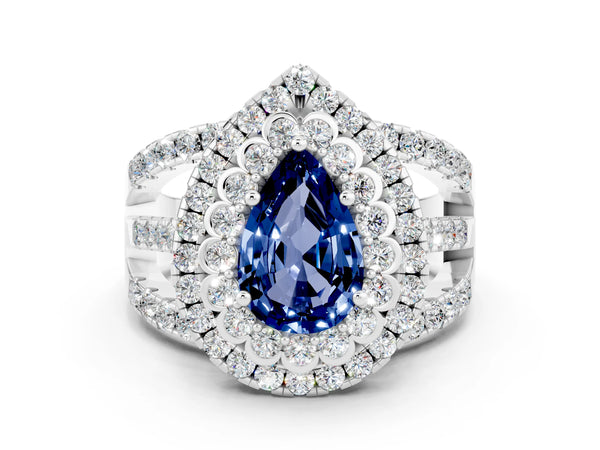 White gold Double Halo Pear Cut Diamond Split Shank Pave Set Ring