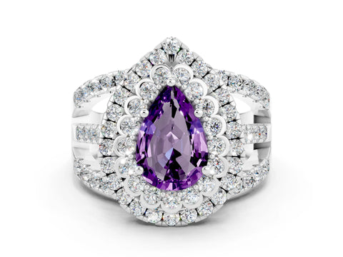 White gold Double Halo Pear Cut Diamond Split Shank Pave Set Ring