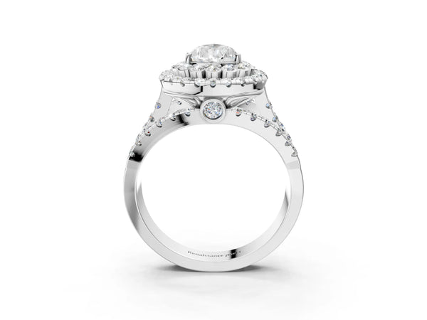 White gold Double Halo Pear Cut Diamond Split Shank Pave Set Ring