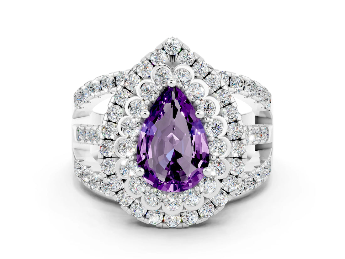White gold Double Halo Pear Cut Diamond Split Shank Pave Set Ring
