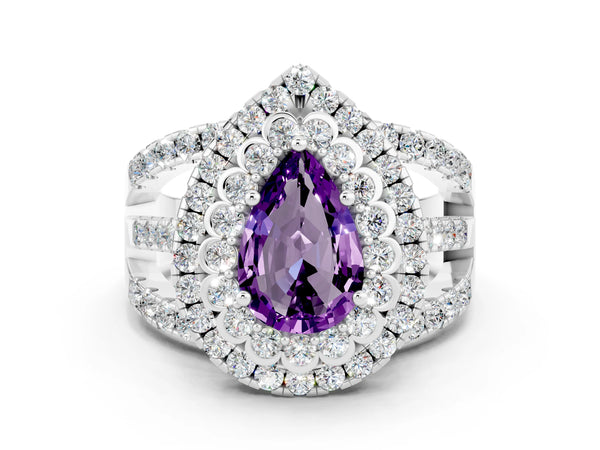 White gold Pear Cut Amethyst Double Halo Ring with Round Pavé Split Shank and Prong Setting
