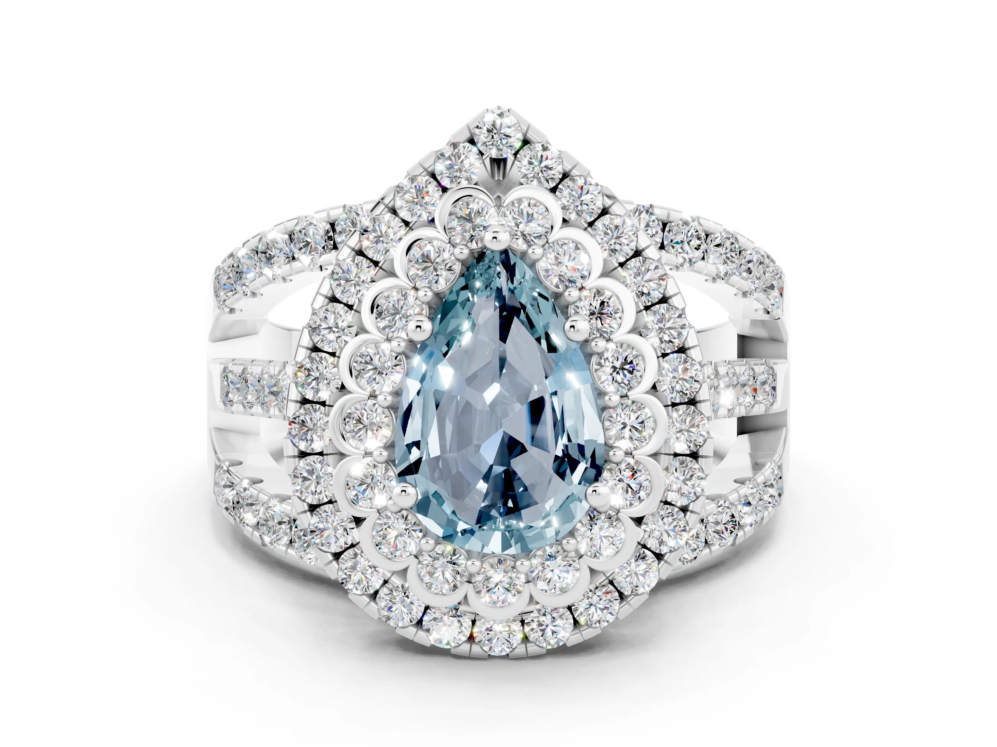 White gold Double Halo Pear Cut Diamond Split Shank Pave Set Ring