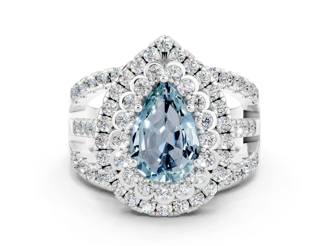 White gold Double Halo Pear Cut Diamond Split Shank Pave Set Ring