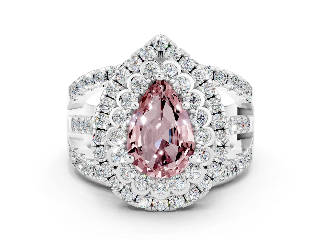 White gold Double Halo Pear Cut Diamond Split Shank Pave Set Ring