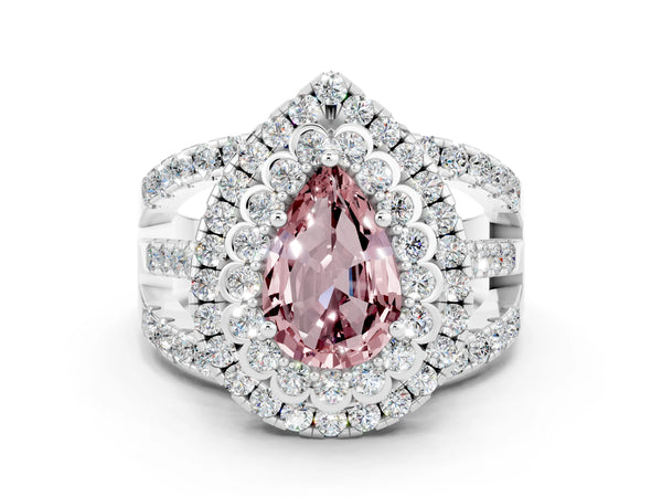 Silver Double Halo Pear Cut Diamond Split Shank Pave Set Ring