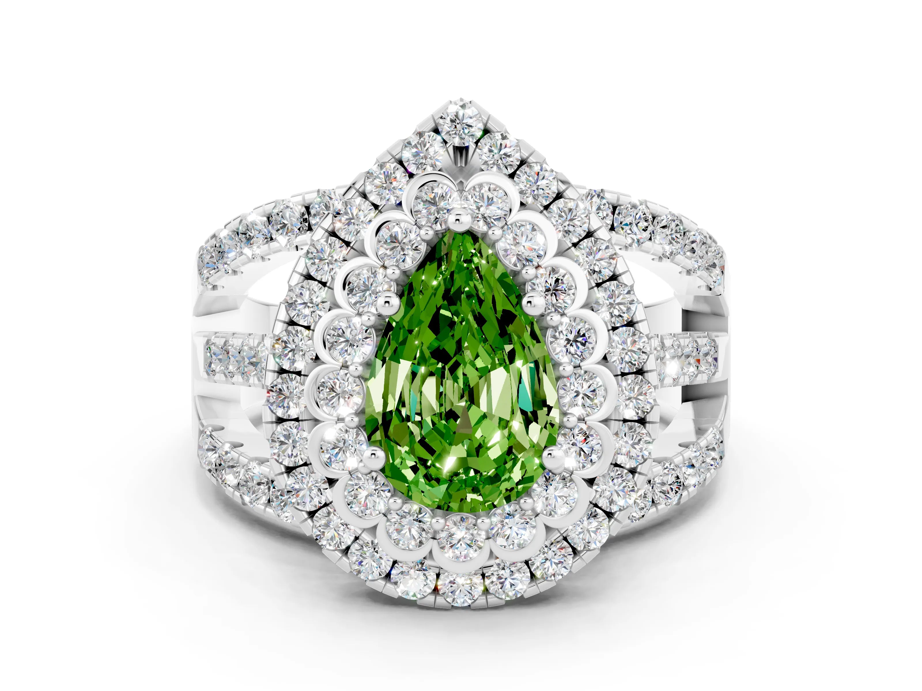 White gold Double Halo Pear Cut Diamond Split Shank Pave Set Ring