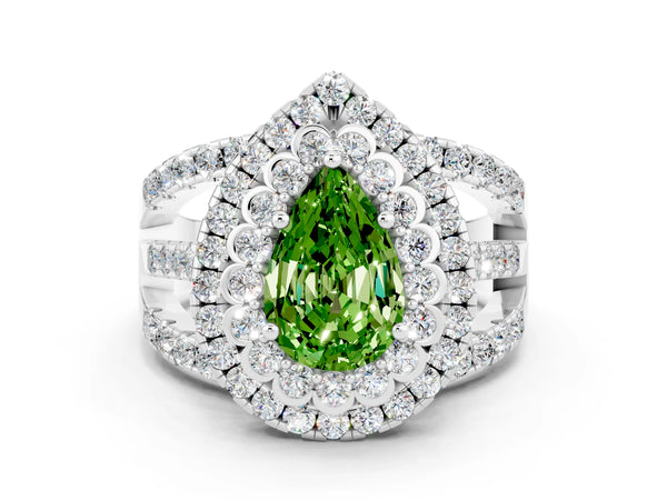 Platinum Double Halo Pear Cut Diamond Split Shank Pave Set Ring