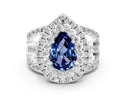White gold Double Halo Pear Cut Diamond Split Shank Pave Set Ring