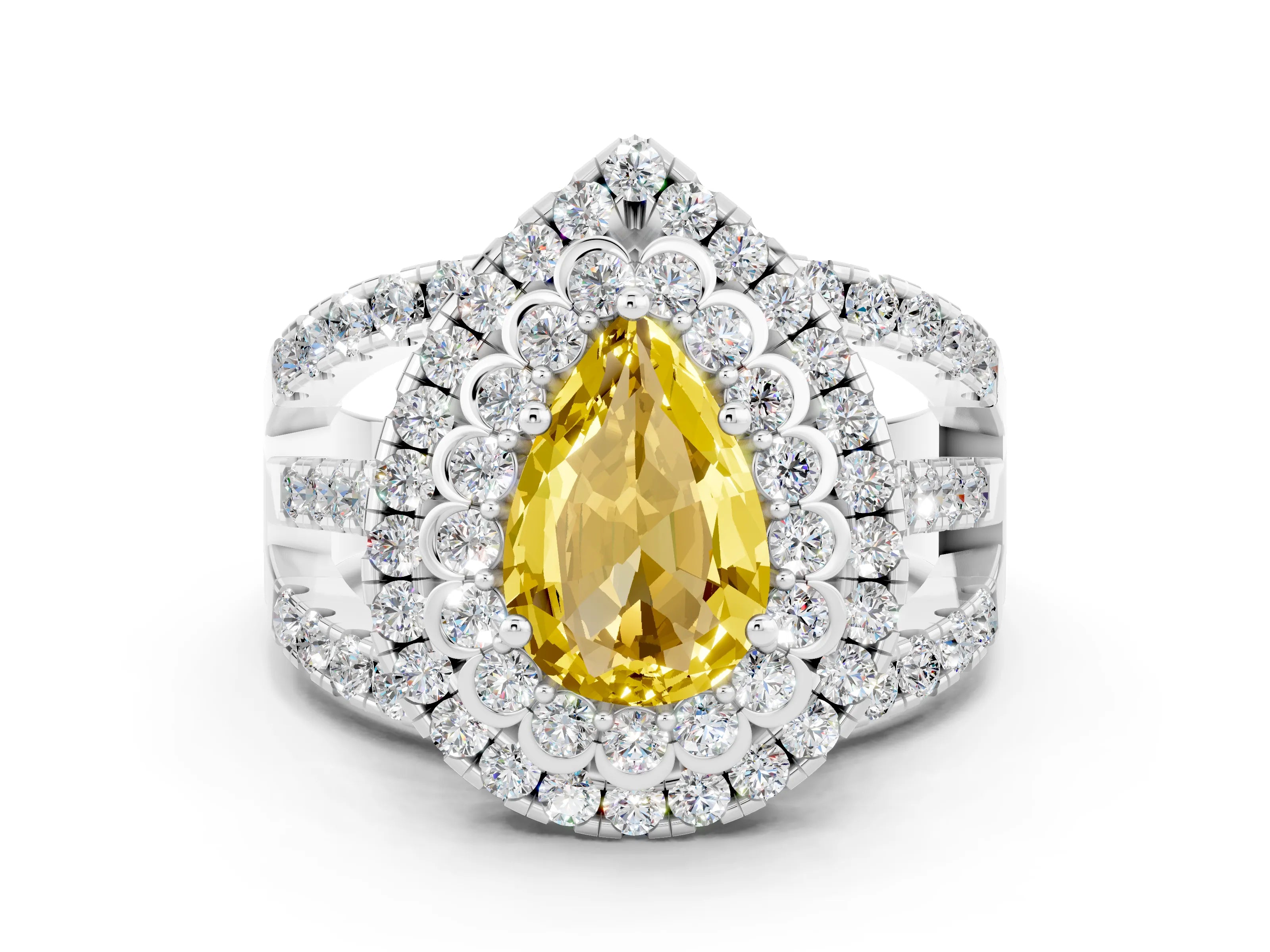 White gold Double Halo Pear Cut Diamond Split Shank Pave Set Ring