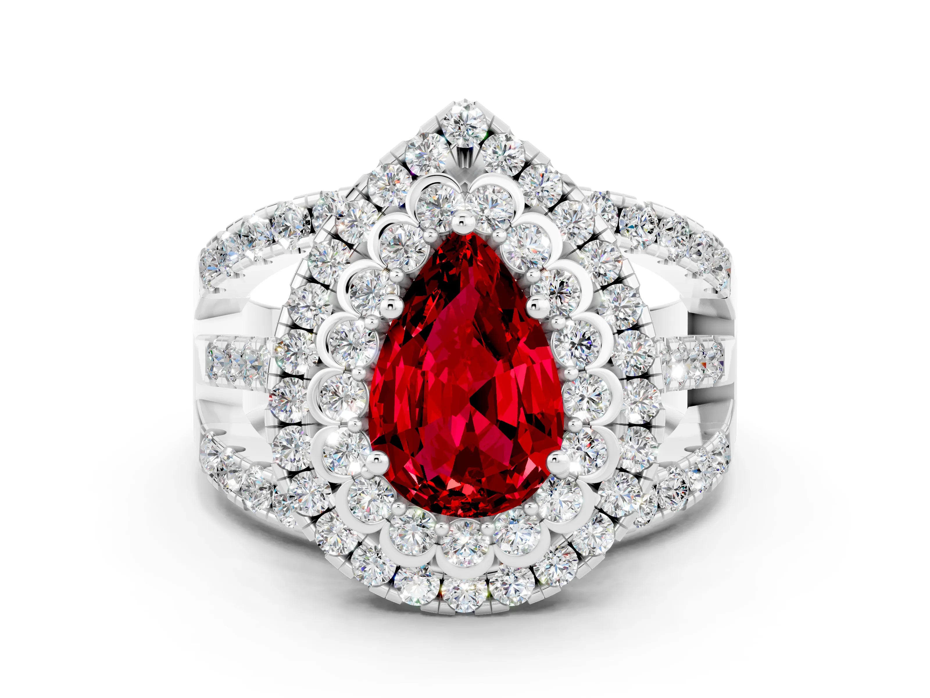 White gold Double Halo Pear Cut Diamond Split Shank Pave Set Ring