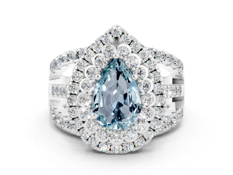 White gold Double Halo Pear Cut Diamond Split Shank Pave Set Ring