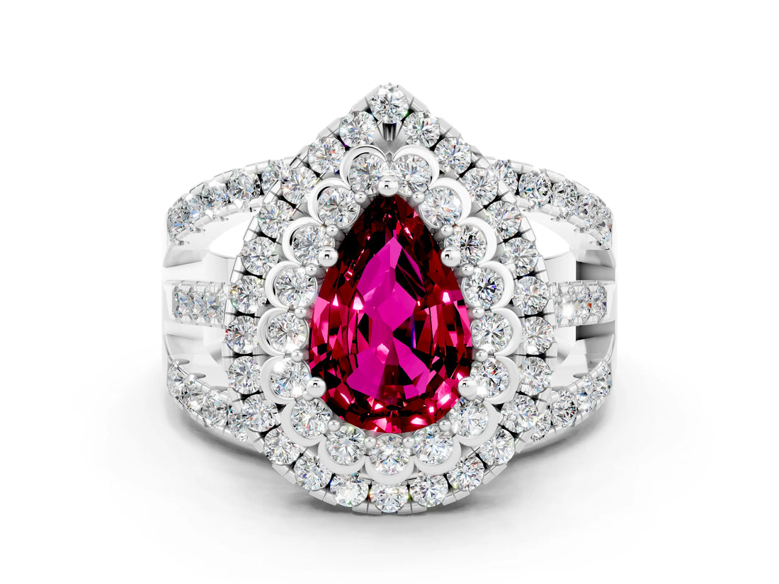 White gold Double Halo Pear Cut Diamond Split Shank Pave Set Ring