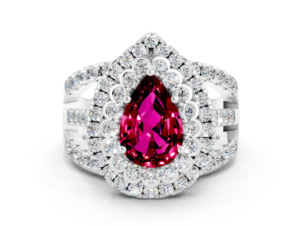 Silver Pear Cut Garnet Double Halo Ring with Round Pavé Split Shank and Prong Setting