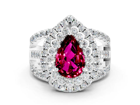 White gold Double Halo Pear Cut Diamond Split Shank Pave Set Ring