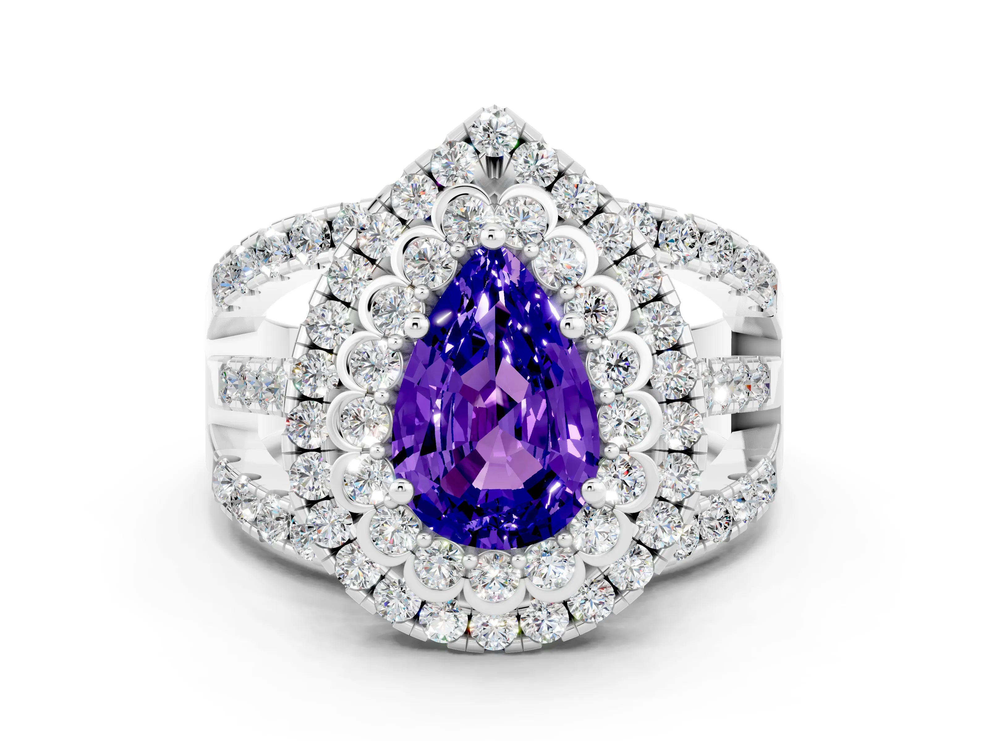 White gold Double Halo Pear Cut Diamond Split Shank Pave Set Ring