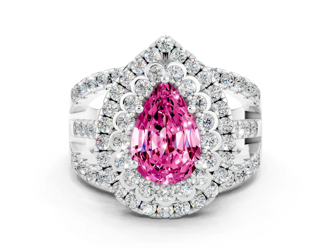White gold Double Halo Pear Cut Diamond Split Shank Pave Set Ring
