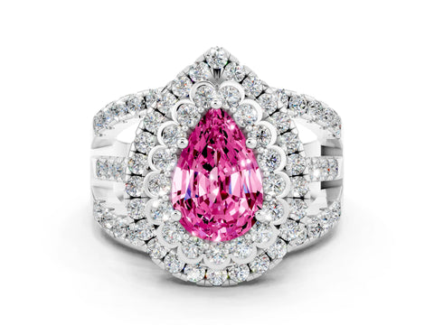 White gold Double Halo Pear Cut Diamond Split Shank Pave Set Ring