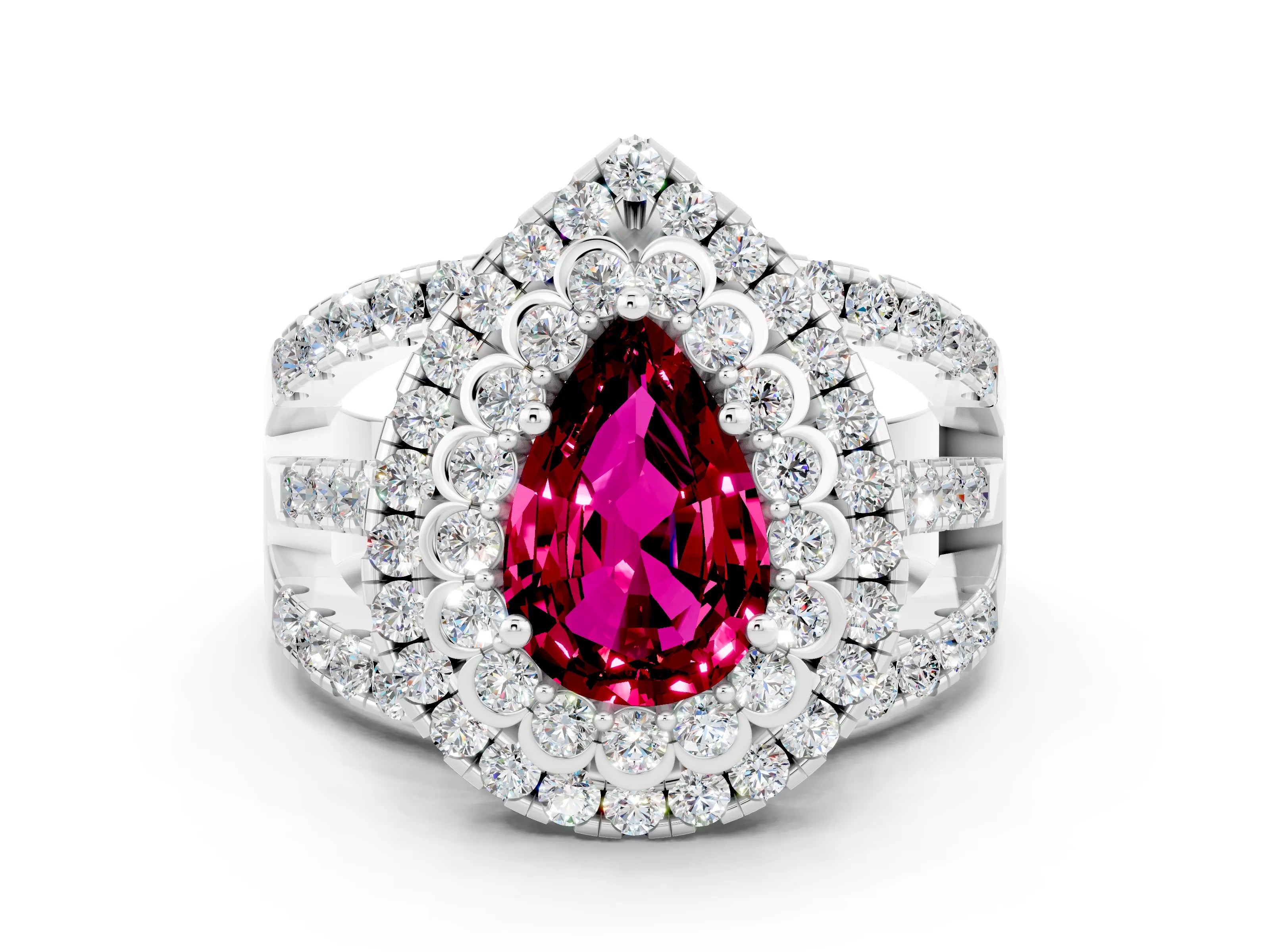 White gold Double Halo Pear Cut Diamond Split Shank Pave Set Ring
