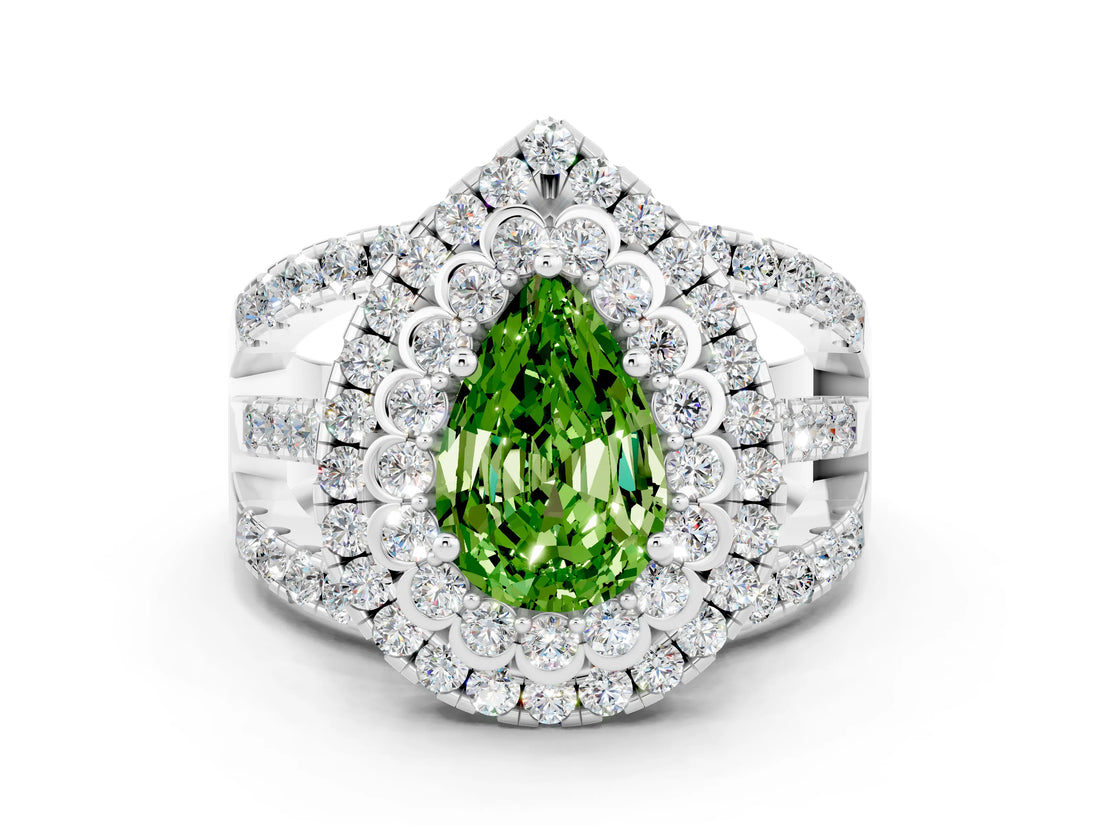 White gold Double Halo Pear Cut Diamond Split Shank Pave Set Ring