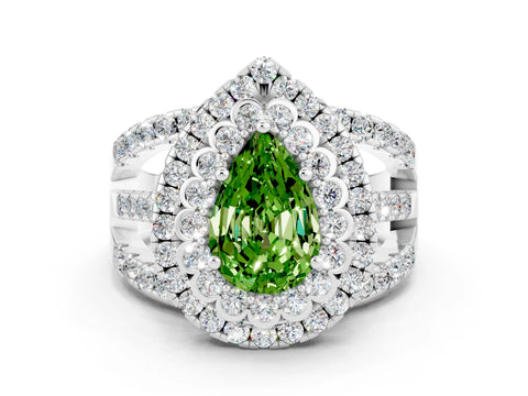 White gold Double Halo Pear Cut Diamond Split Shank Pave Set Ring