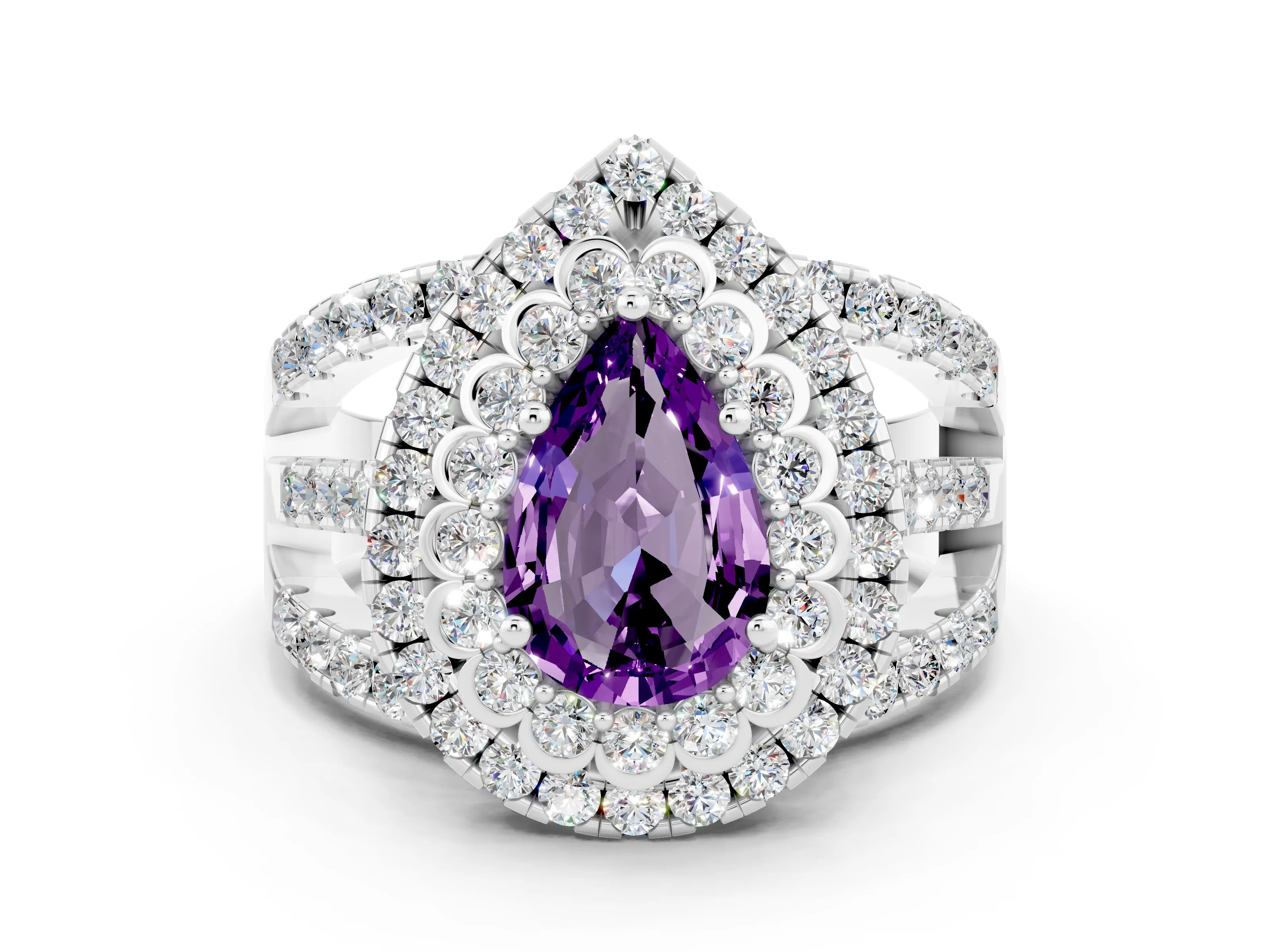 White gold Double Halo Pear Cut Diamond Split Shank Pave Set Ring