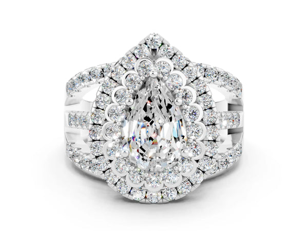 White gold Pear Cut Moissanite Double Halo Ring with Round Pavé Split Shank and Prong Setting