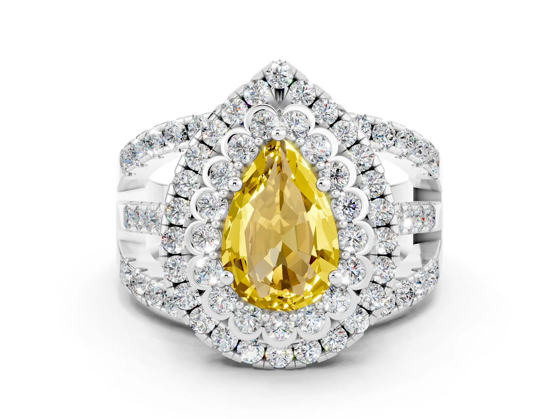 White gold Double Halo Pear Cut Diamond Split Shank Pave Set Ring