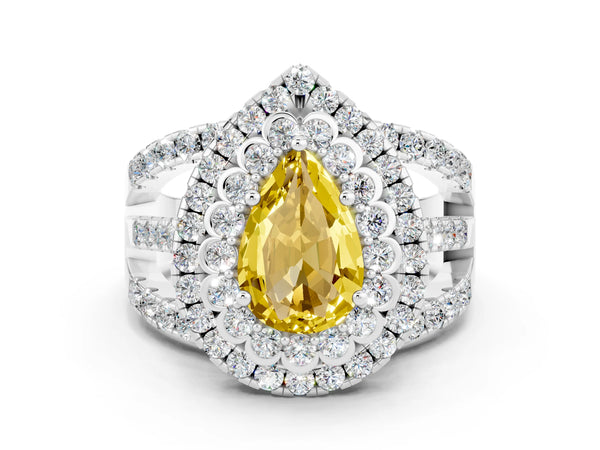 Platinum Pear Cut Yellow Sapphire Double Halo Ring with Round Pavé Split Shank and Prong Setting