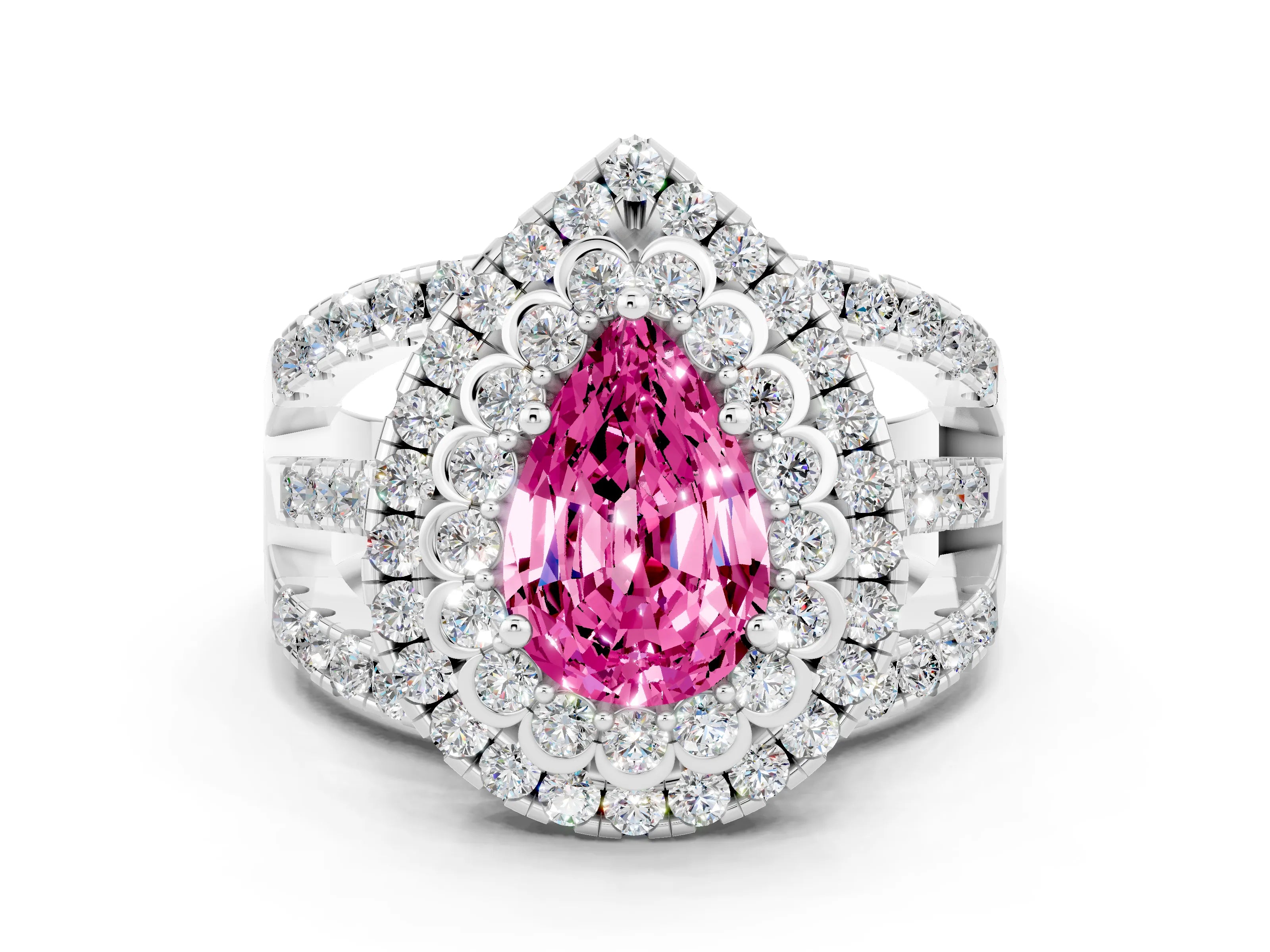 White gold Double Halo Pear Cut Diamond Split Shank Pave Set Ring
