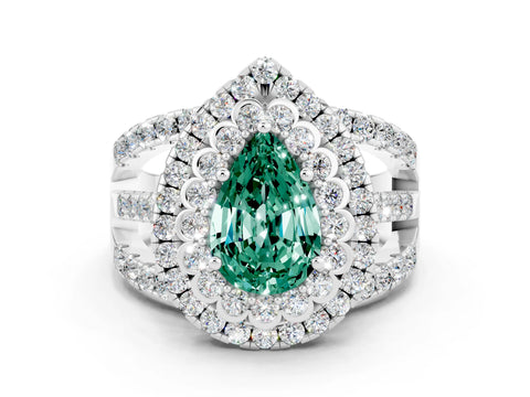 White gold Double Halo Pear Cut Diamond Split Shank Pave Set Ring