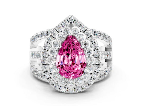 Silver Double Halo Pear Cut Diamond Split Shank Pave Set Ring