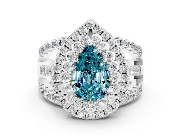 Silver Double Halo Pear Cut Diamond Split Shank Pave Set Ring
