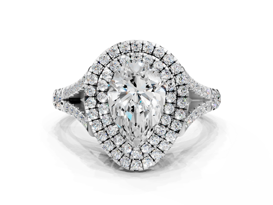 White gold Double Halo Pear Cut Diamond Split Shank Ring with Four Prong Setting_45