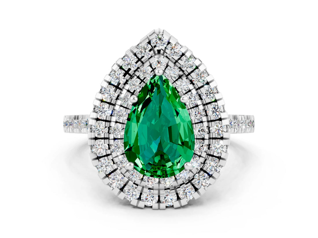 White gold Double Halo Pear Cut Emerald Pavé Band with Four-Prong Setting